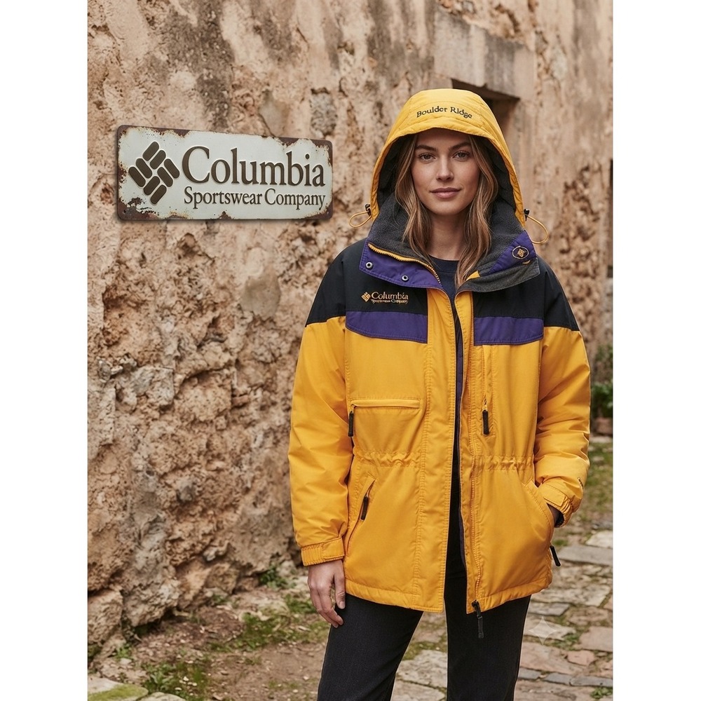 Columbia‎ Boulder Ridge insulated Parka Yellow Purple Colorblock Vintage Style
